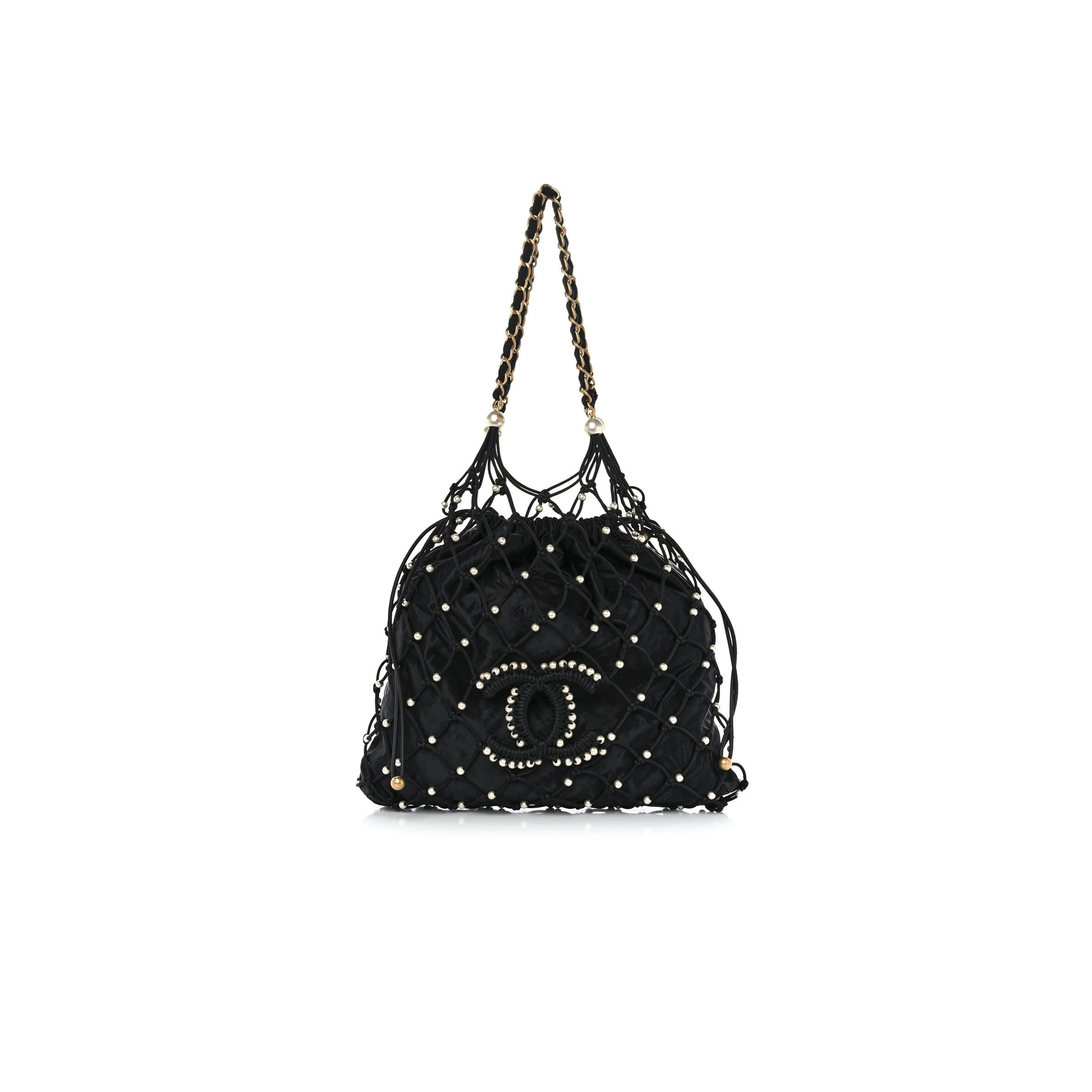 Ch**el nylon pearl coco beach net tote black as29384 (39*33*5cm)